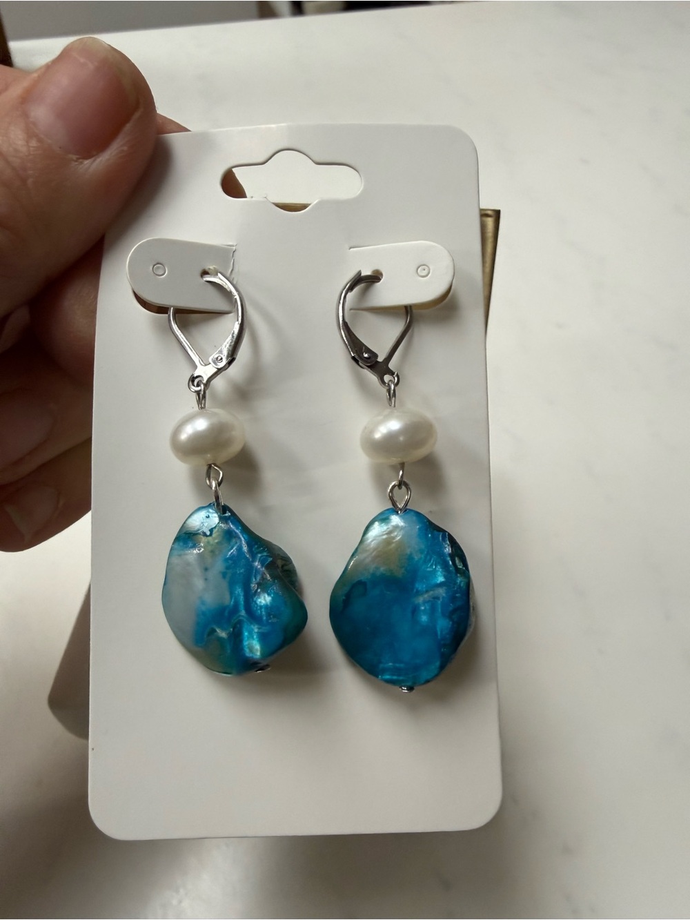 Blue Shell and Fresh Water Pearl Drop Earrings - Elegant Women's Jewelry